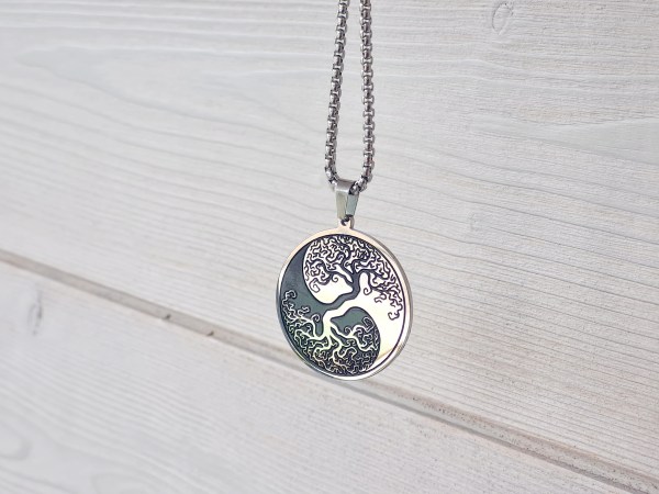 collier yin yang arbre de vie argentée acier inoxydable